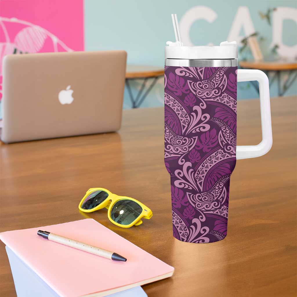 Royal Purple Monstera Tumbler With Handle Polynesian Tribal Pattern - Polynesian Pride