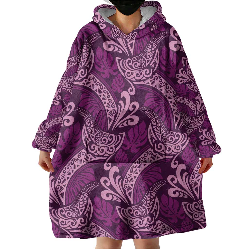 Royal Purple Monstera Wearable Blanket Hoodie Polynesian Tribal Pattern - Polynesian Pride
