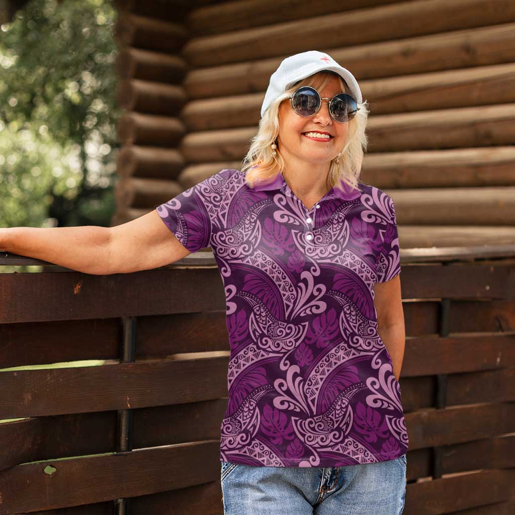 Royal Purple Monstera Women Polo Shirt Polynesian Tribal Pattern - Polynesian Pride