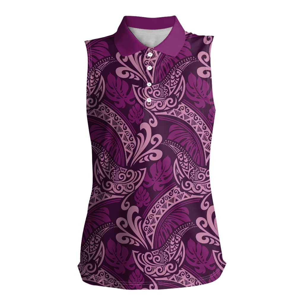 Royal Purple Monstera Women Sleeveless Polo Shirt Polynesian Tribal Pattern - Polynesian Pride
