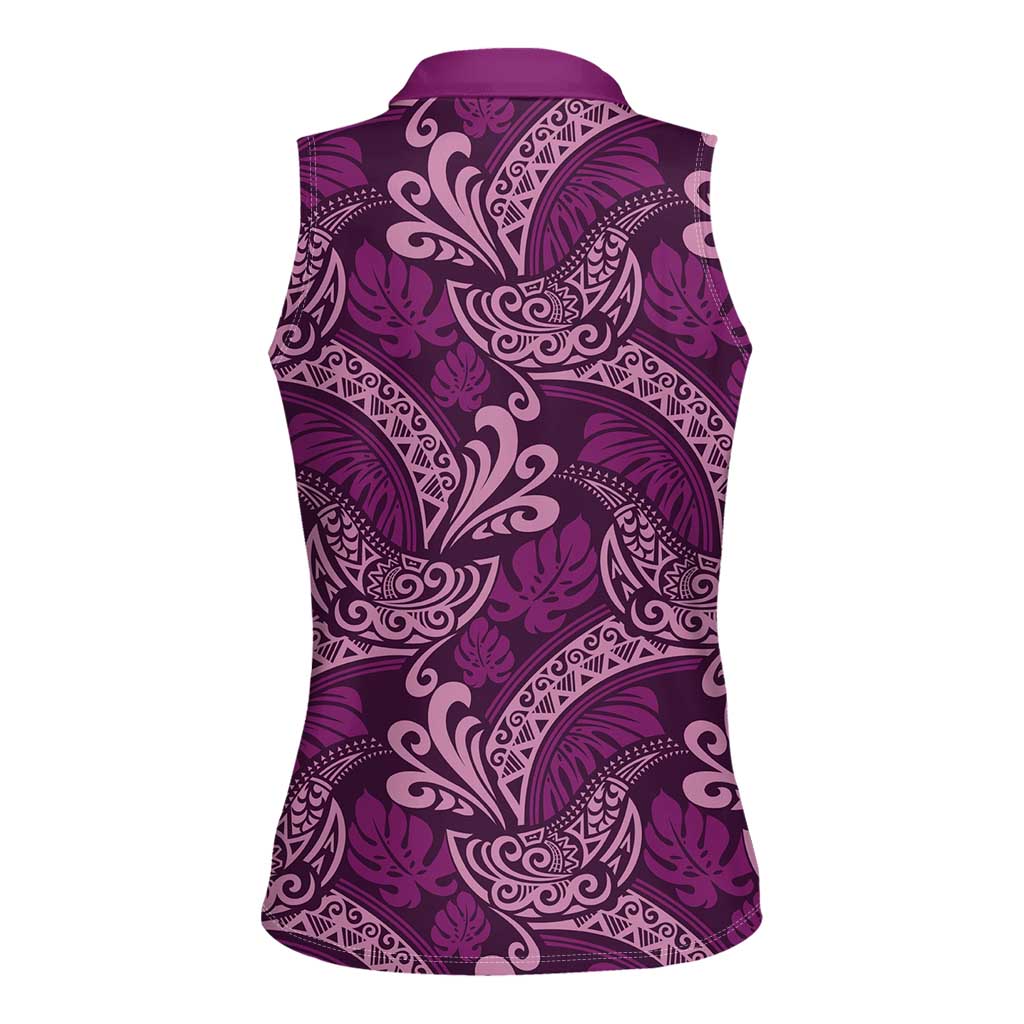Royal Purple Monstera Women Sleeveless Polo Shirt Polynesian Tribal Pattern - Polynesian Pride