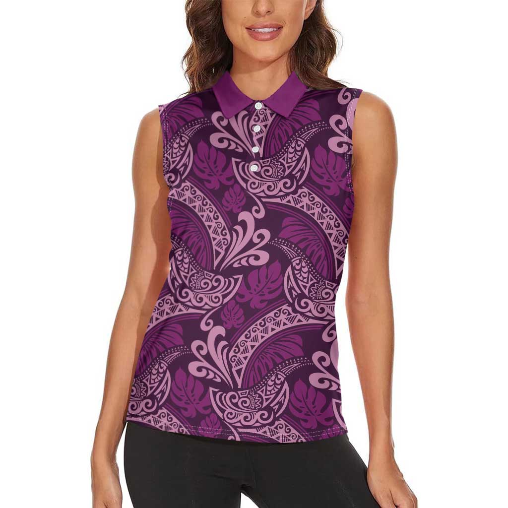Royal Purple Monstera Women Sleeveless Polo Shirt Polynesian Tribal Pattern - Polynesian Pride