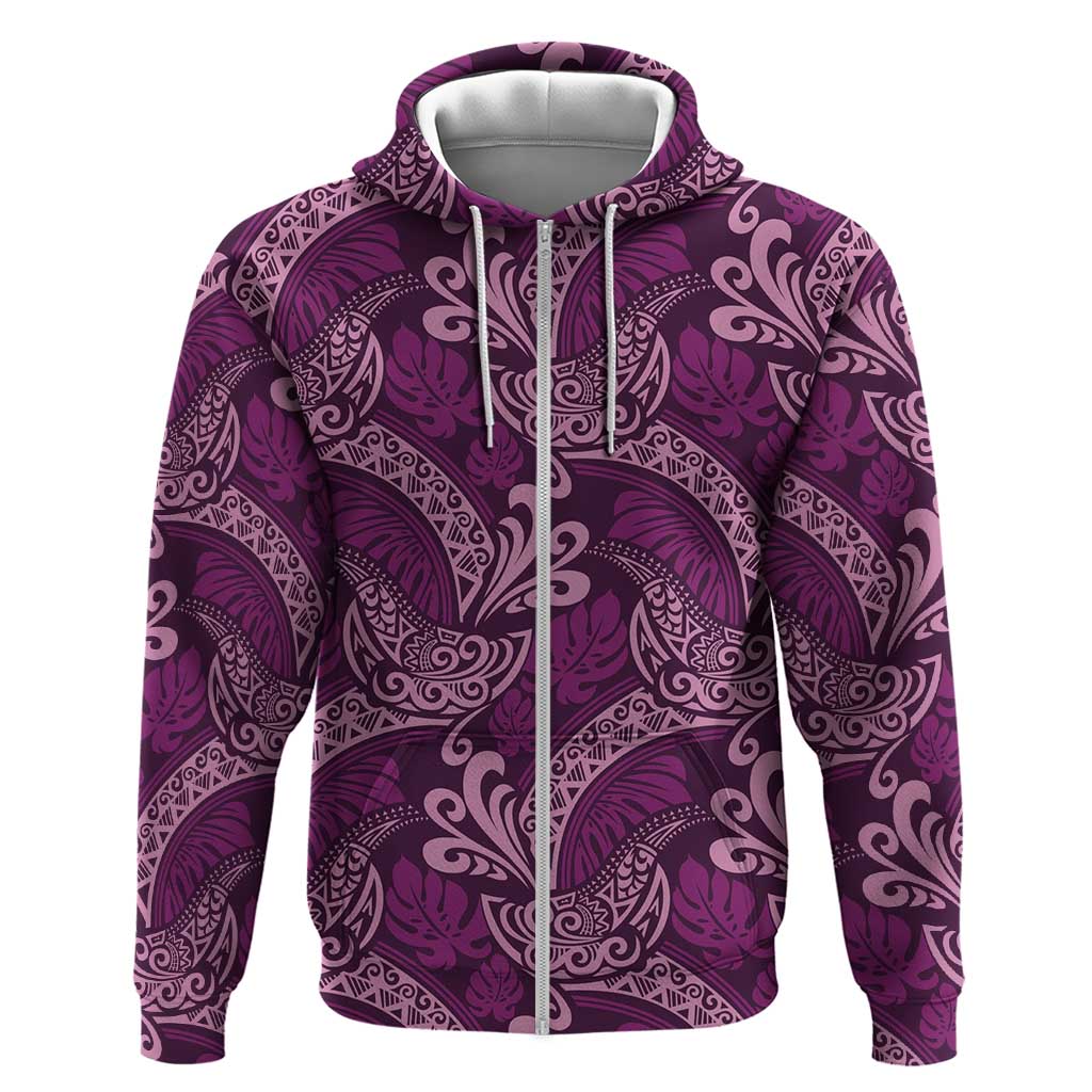 Royal Purple Monstera Zip Hoodie Polynesian Tribal Pattern - Polynesian Pride
