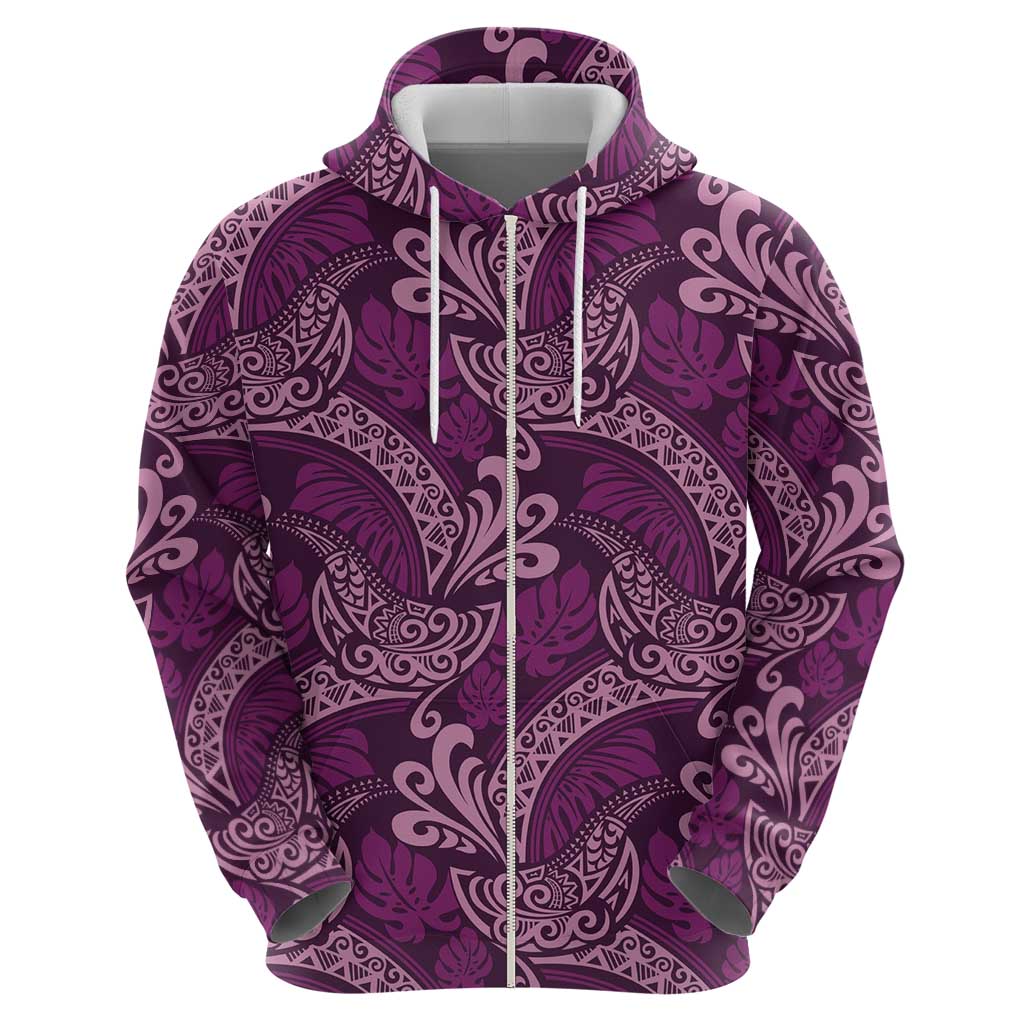 Royal Purple Monstera Zip Hoodie Polynesian Tribal Pattern - Polynesian Pride