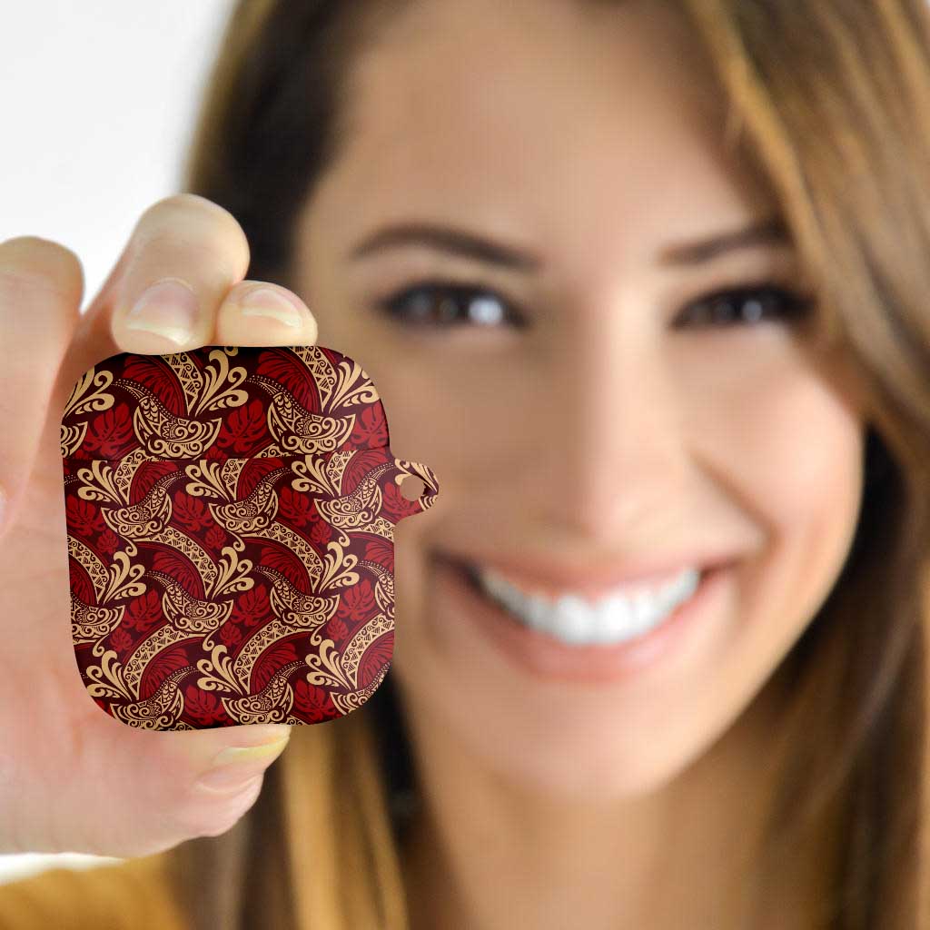 Luxury Red Monstera AirPods Case Polynesian Tribal Pattern - Polynesian Pride