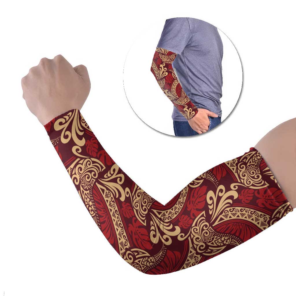 Luxury Red Monstera Arm Sleeves Polynesian Tribal Pattern LT01 Set of 2 Red - Polynesian Pride