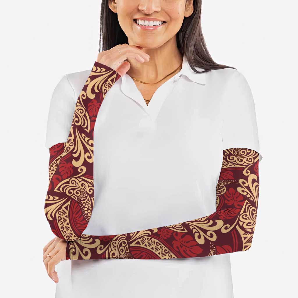 Luxury Red Monstera Arm Sleeves Polynesian Tribal Pattern - Polynesian Pride