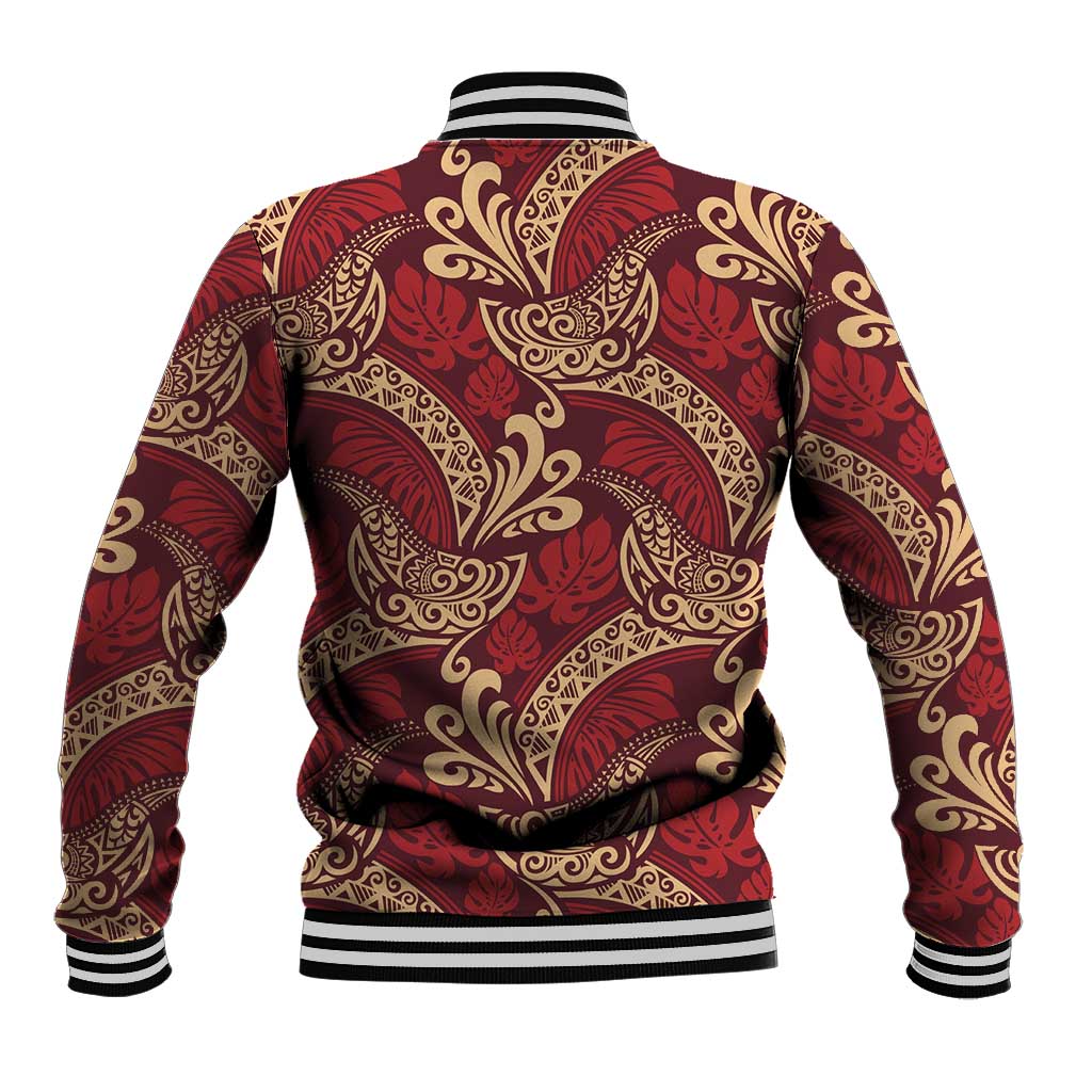 Luxury Red Monstera Baseball Jacket Polynesian Tribal Pattern - Polynesian Pride