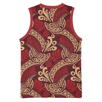 Luxury Red Monstera Basketball Jersey Polynesian Tribal Pattern - Polynesian Pride