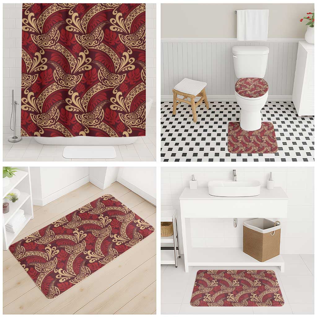 Luxury Red Monstera Bathroom Set Polynesian Tribal Pattern - Polynesian Pride