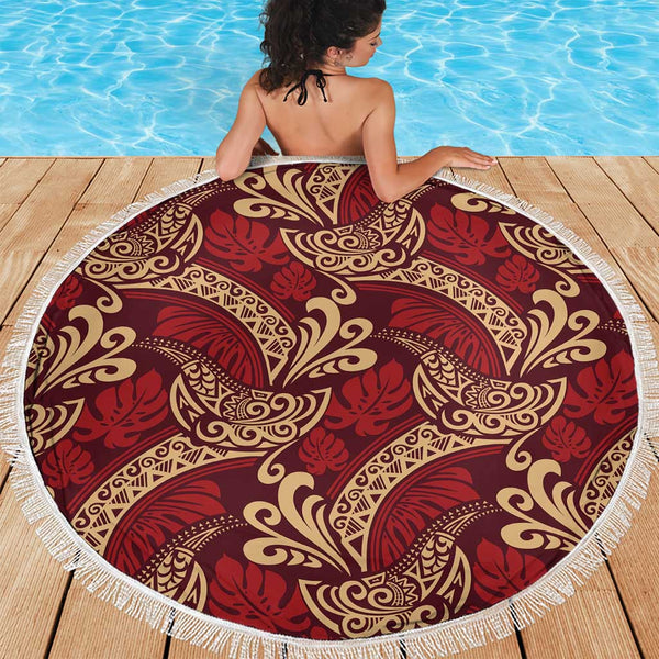 Luxury Red Monstera Beach Blanket Polynesian Tribal Pattern LT01