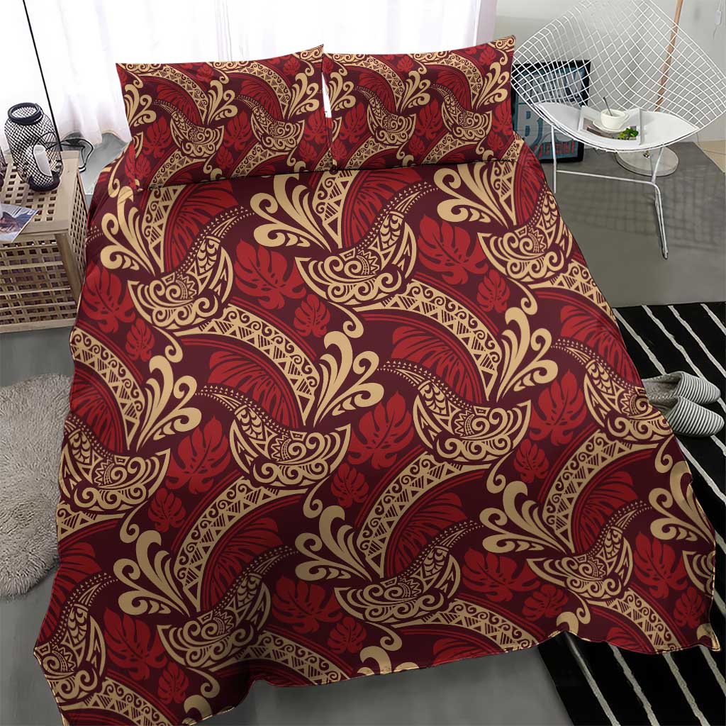 Luxury Red Monstera Bedding Set Polynesian Tribal Pattern - Polynesian Pride