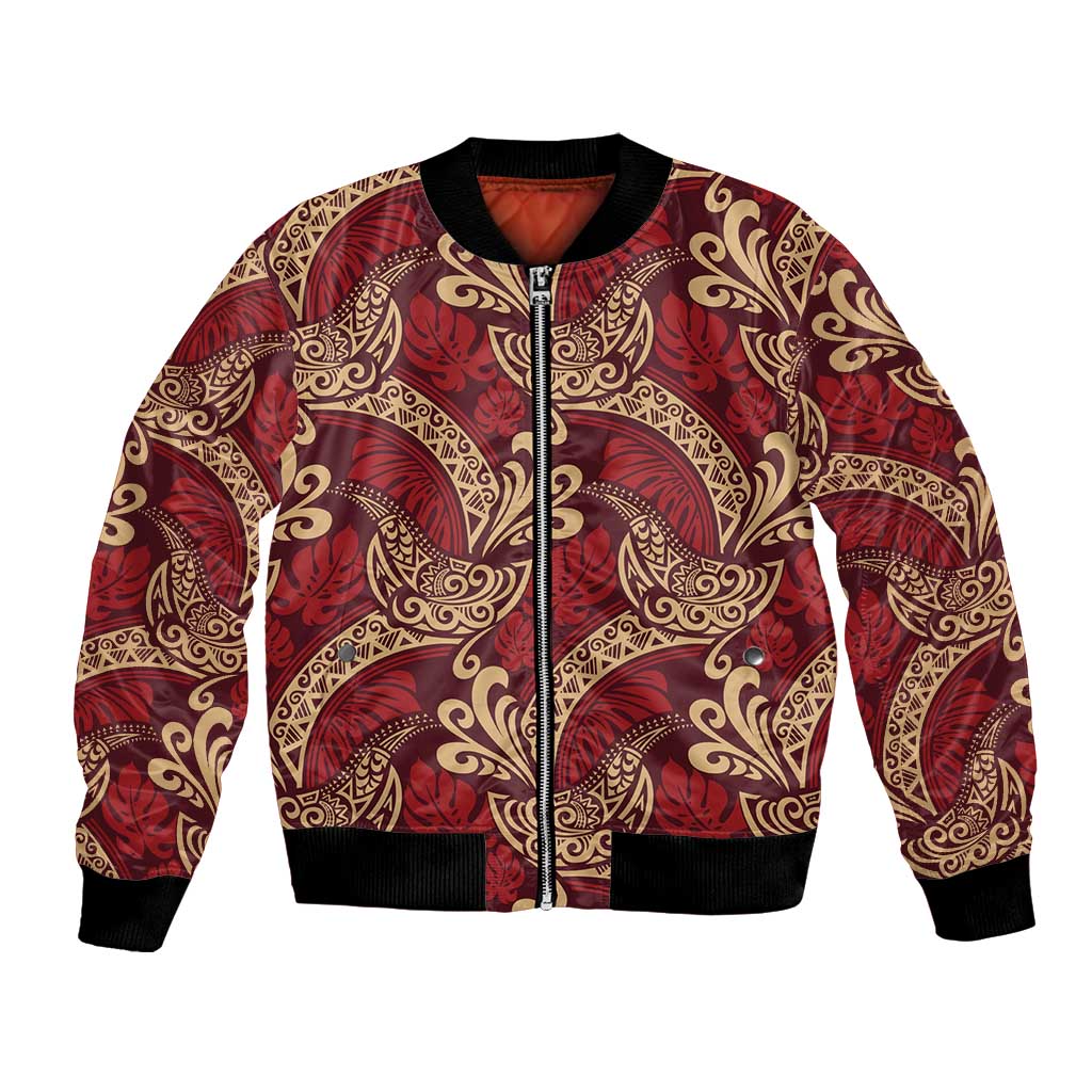 Luxury Red Monstera Bomber Jacket Polynesian Tribal Pattern LT01 Unisex Red - Polynesian Pride
