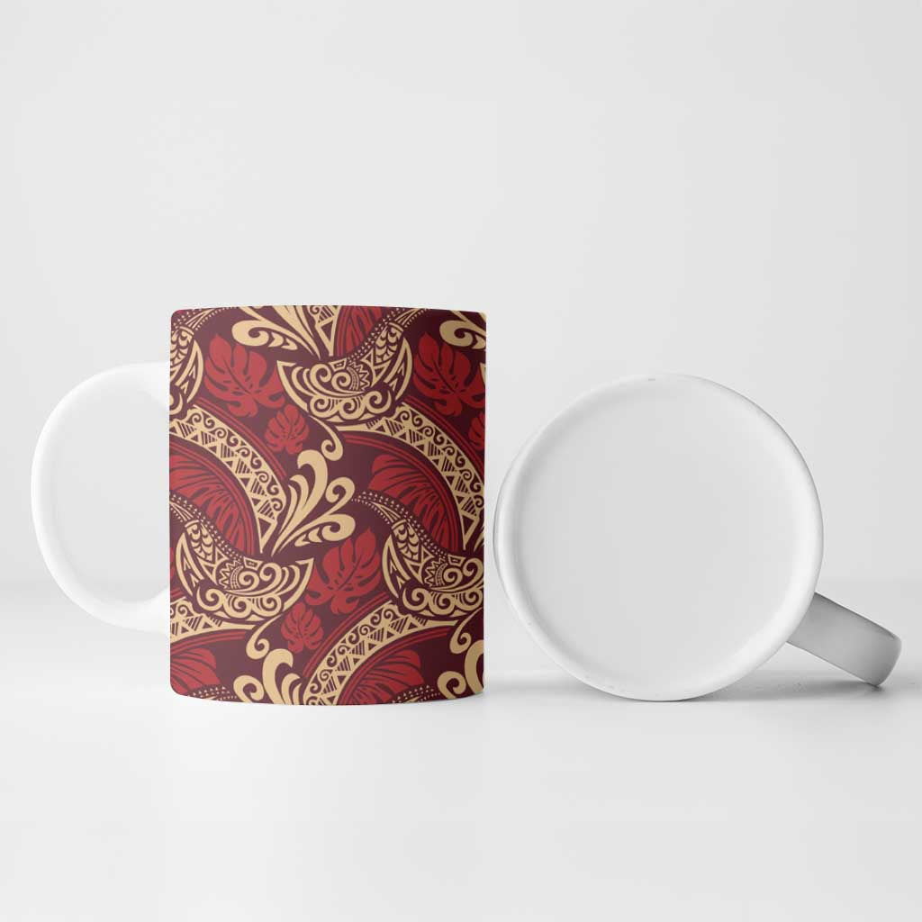 Luxury Red Monstera Ceramic Mug Polynesian Tribal Pattern - Polynesian Pride
