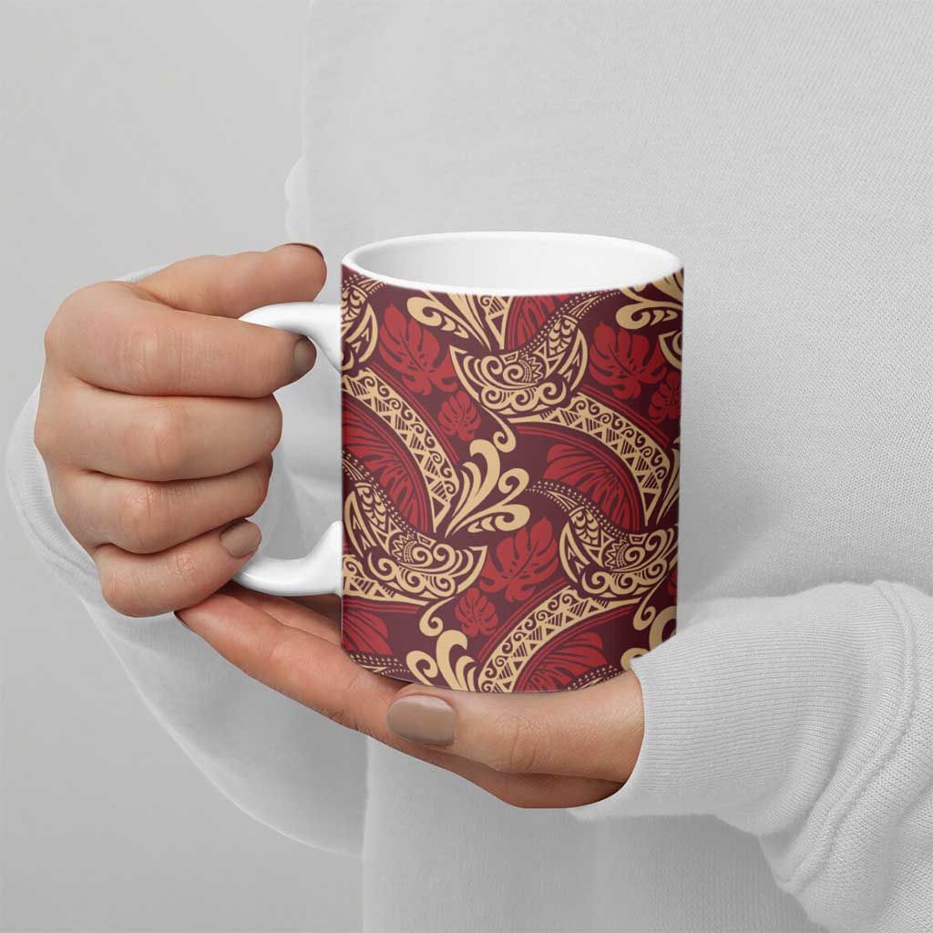 Luxury Red Monstera Ceramic Mug Polynesian Tribal Pattern - Polynesian Pride