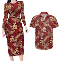 Luxury Red Monstera Couples Matching Long Sleeve Bodycon Dress and Hawaiian Shirt Polynesian Tribal Pattern - Polynesian Pride