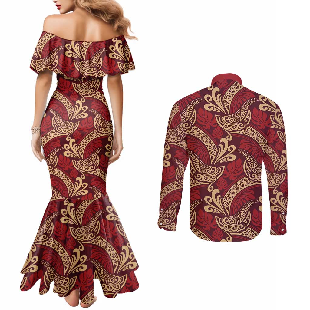 Luxury Red Monstera Couples Matching Mermaid Dress and Long Sleeve Button Shirt Polynesian Tribal Pattern - Polynesian Pride