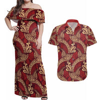 Luxury Red Monstera Couples Matching Off Shoulder Maxi Dress and Hawaiian Shirt Polynesian Tribal Pattern - Polynesian Pride