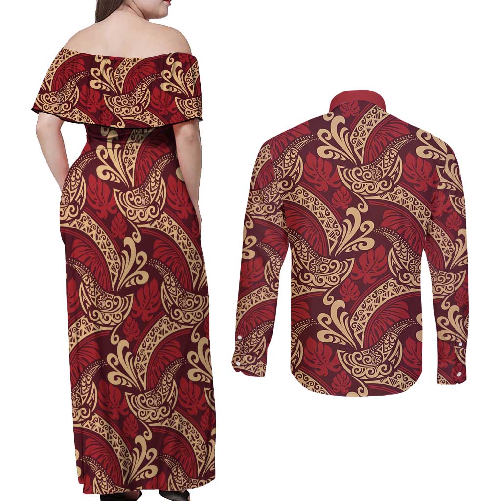 Luxury Red Monstera Couples Matching Off Shoulder Maxi Dress and Long Sleeve Button Shirt Polynesian Tribal Pattern - Polynesian Pride