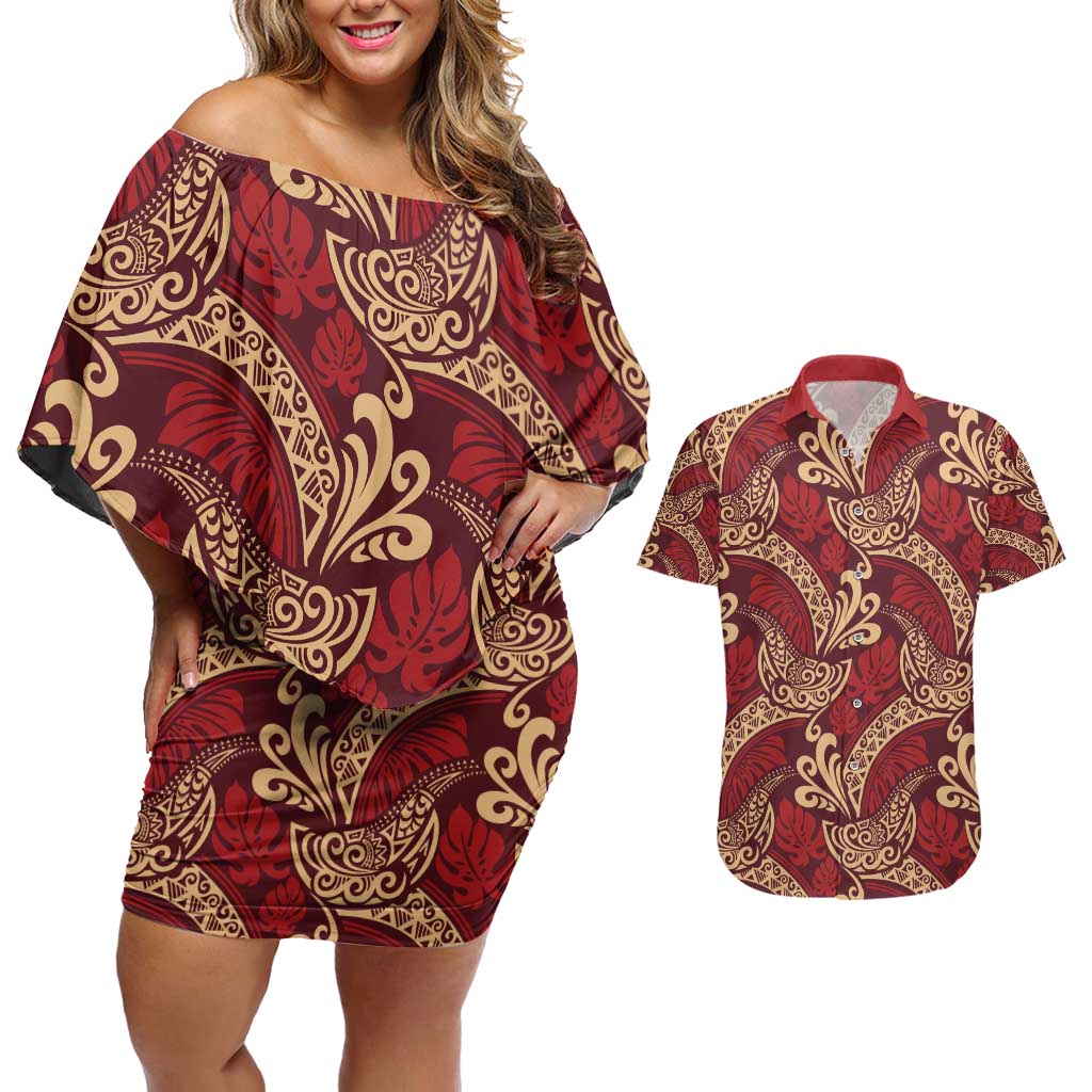 Luxury Red Monstera Couples Matching Off Shoulder Short Dress and Hawaiian Shirt Polynesian Tribal Pattern - Polynesian Pride