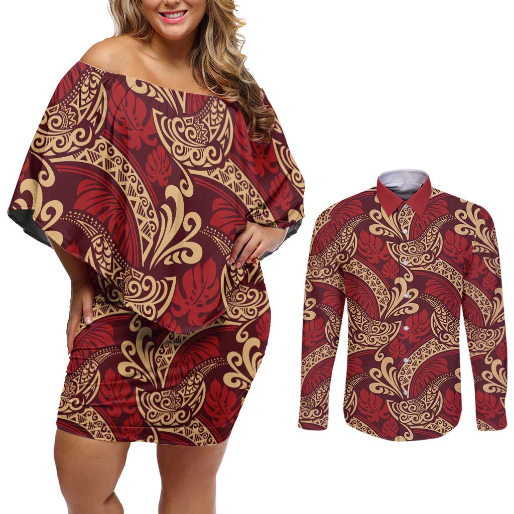 Luxury Red Monstera Couples Matching Off Shoulder Short Dress and Long Sleeve Button Shirt Polynesian Tribal Pattern - Polynesian Pride