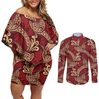 Luxury Red Monstera Couples Matching Off Shoulder Short Dress and Long Sleeve Button Shirt Polynesian Tribal Pattern - Polynesian Pride