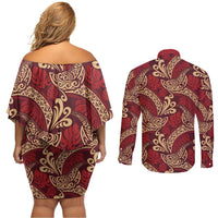 Luxury Red Monstera Couples Matching Off Shoulder Short Dress and Long Sleeve Button Shirt Polynesian Tribal Pattern - Polynesian Pride