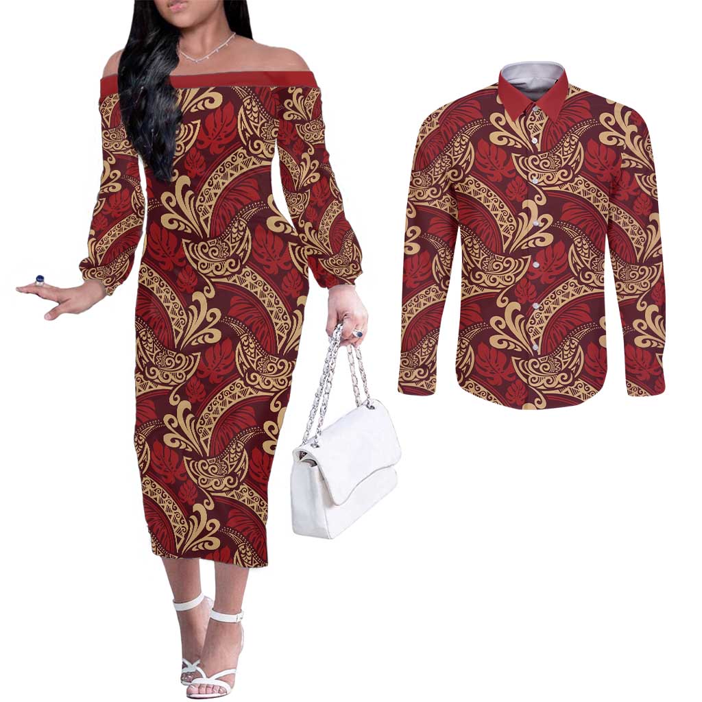 Luxury Red Monstera Couples Matching Off The Shoulder Long Sleeve Dress and Long Sleeve Button Shirt Polynesian Tribal Pattern LT01 Red - Polynesian Pride