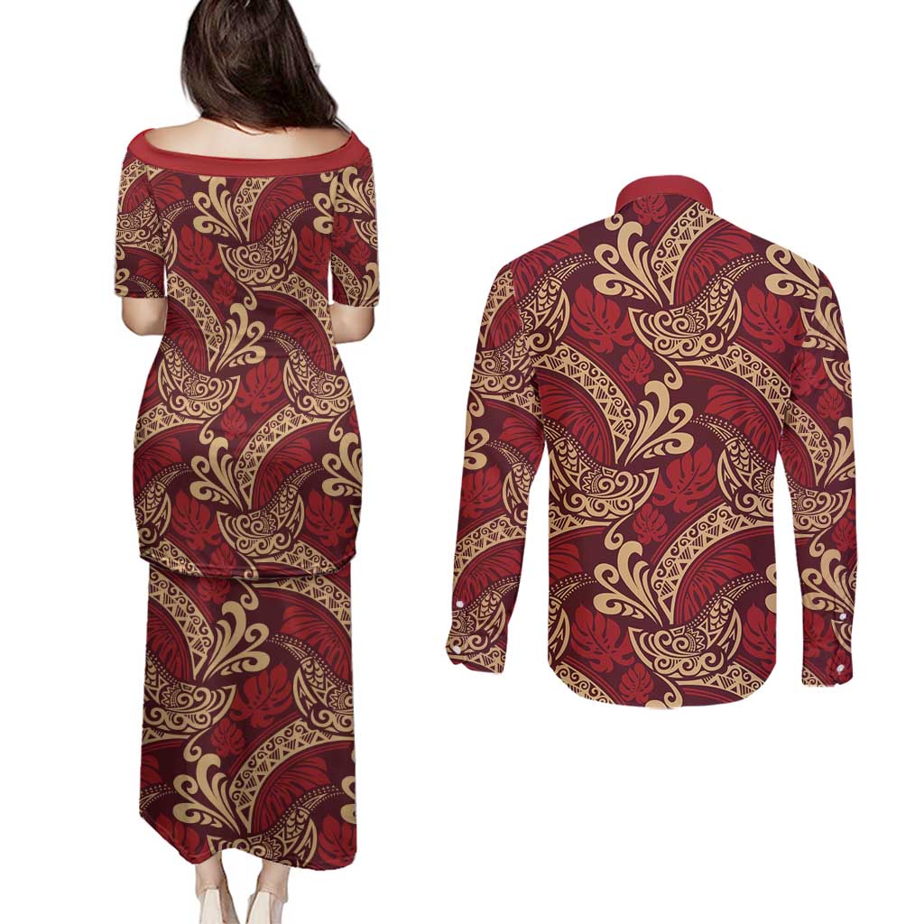 Luxury Red Monstera Couples Matching Puletasi and Long Sleeve Button Shirt Polynesian Tribal Pattern - Polynesian Pride