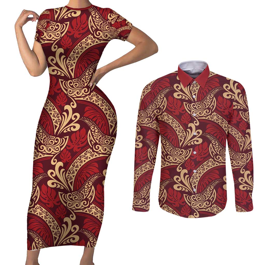 Luxury Red Monstera Couples Matching Short Sleeve Bodycon Dress and Long Sleeve Button Shirt Polynesian Tribal Pattern - Polynesian Pride