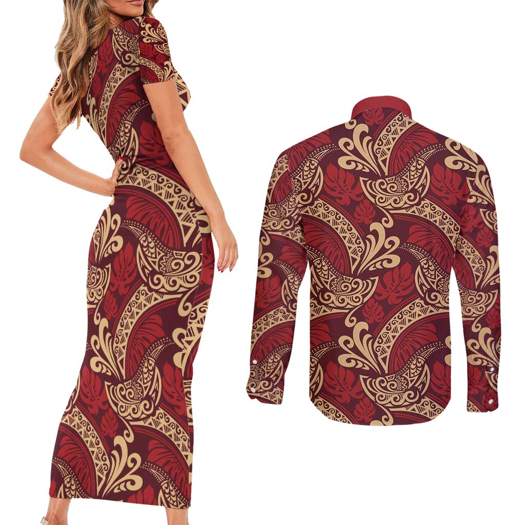 Luxury Red Monstera Couples Matching Short Sleeve Bodycon Dress and Long Sleeve Button Shirt Polynesian Tribal Pattern - Polynesian Pride