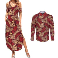 Luxury Red Monstera Couples Matching Summer Maxi Dress and Long Sleeve Button Shirt Polynesian Tribal Pattern - Polynesian Pride
