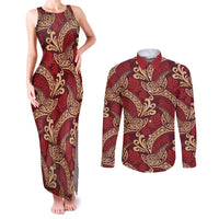 Luxury Red Monstera Couples Matching Tank Maxi Dress and Long Sleeve Button Shirt Polynesian Tribal Pattern - Polynesian Pride