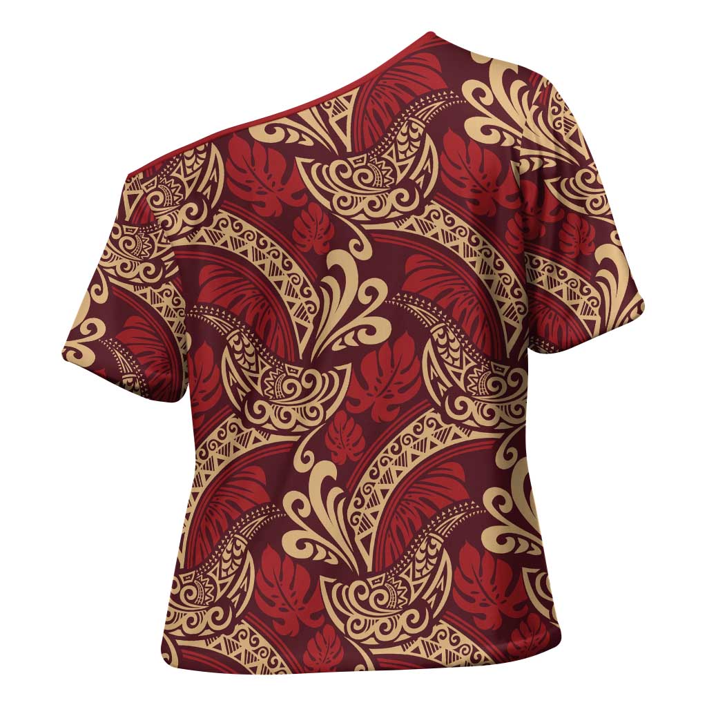 Luxury Red Monstera Cross Shoulder Shirt Polynesian Tribal Pattern - Polynesian Pride