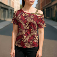 Luxury Red Monstera Cross Shoulder Shirt Polynesian Tribal Pattern - Polynesian Pride