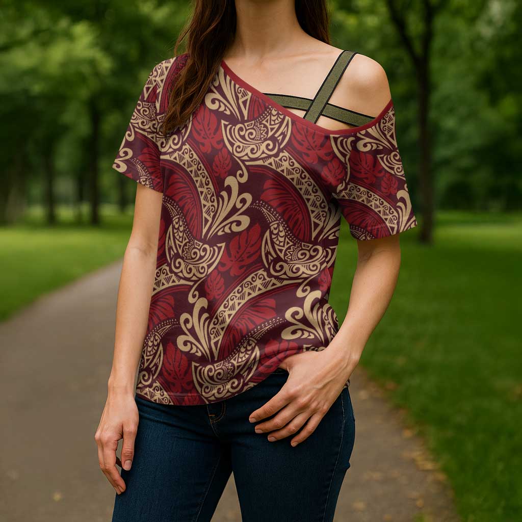Luxury Red Monstera Cross Shoulder Shirt Polynesian Tribal Pattern - Polynesian Pride