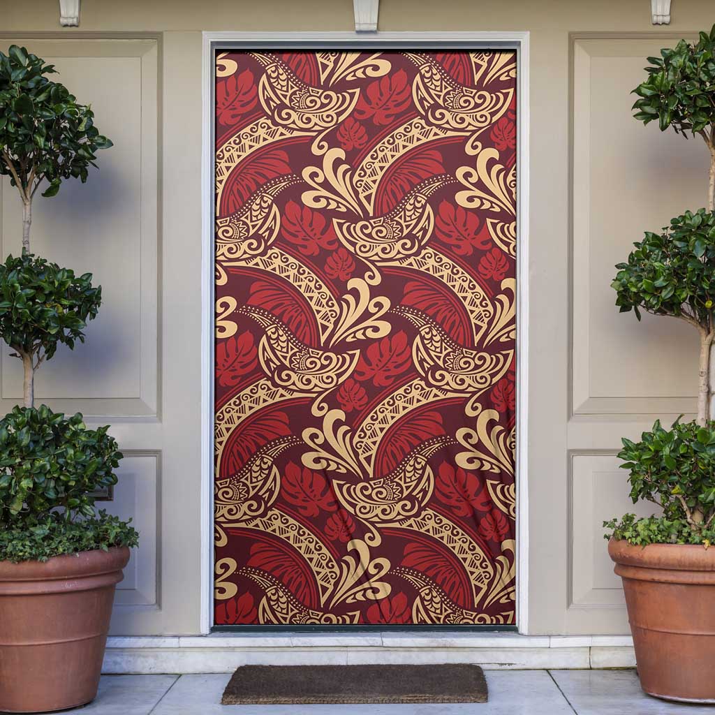 Luxury Red Monstera Door Cover Polynesian Tribal Pattern - Polynesian Pride