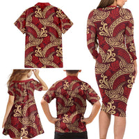 Luxury Red Monstera Family Matching Long Sleeve Bodycon Dress and Hawaiian Shirt Polynesian Tribal Pattern - Polynesian Pride