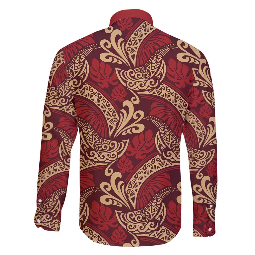 Luxury Red Monstera Family Matching Long Sleeve Bodycon Dress and Hawaiian Shirt Polynesian Tribal Pattern - Polynesian Pride