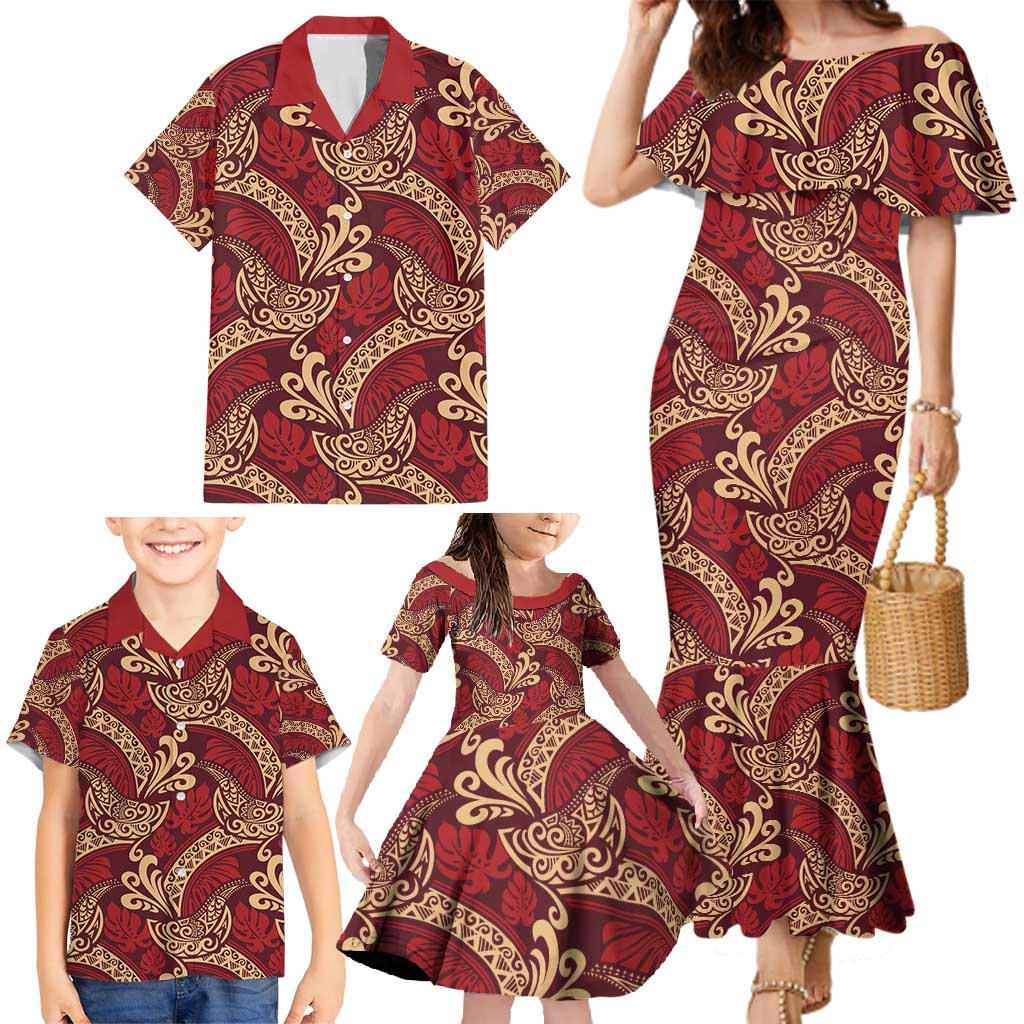 Luxury Red Monstera Family Matching Mermaid Dress and Hawaiian Shirt Polynesian Tribal Pattern - Polynesian Pride