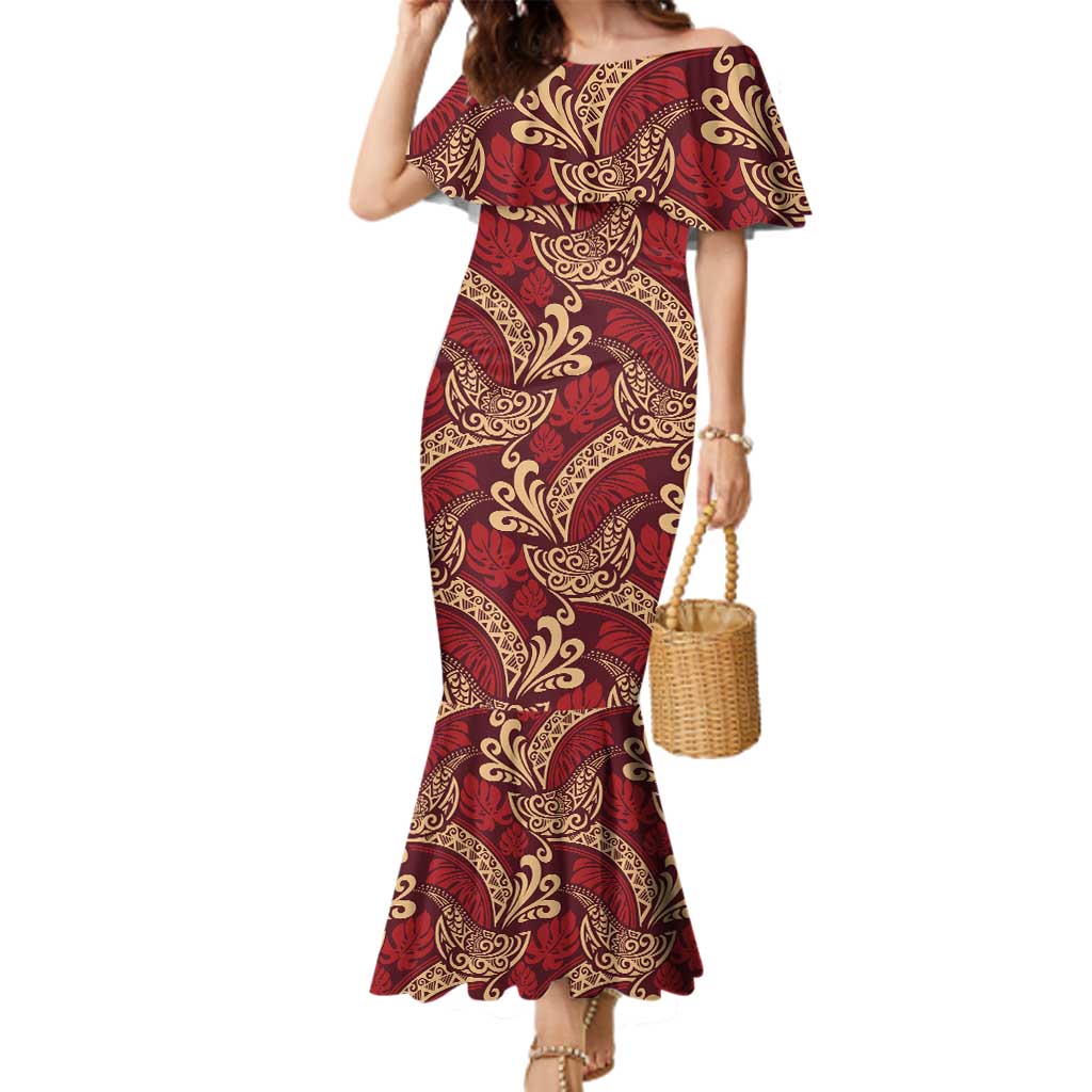 Luxury Red Monstera Family Matching Mermaid Dress and Hawaiian Shirt Polynesian Tribal Pattern - Polynesian Pride