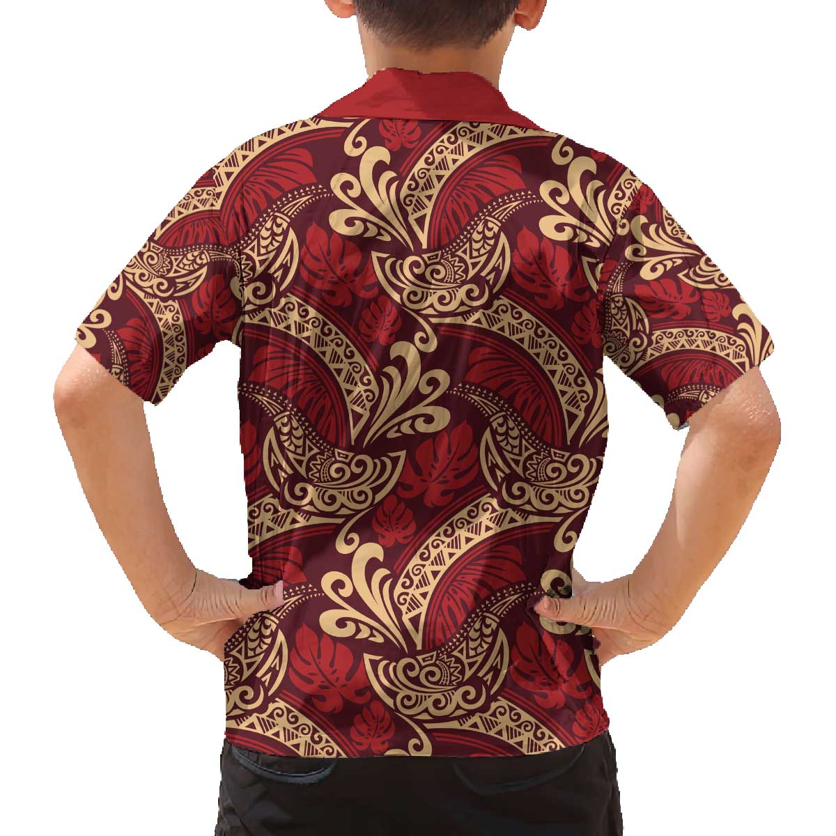 Luxury Red Monstera Family Matching Off The Shoulder Long Sleeve Dress and Hawaiian Shirt Polynesian Tribal Pattern - Polynesian Pride