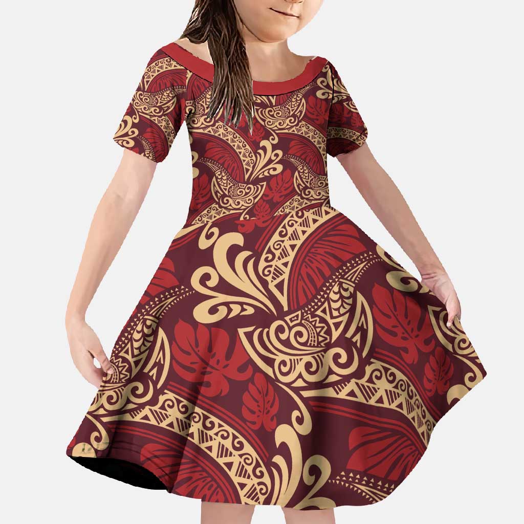 Luxury Red Monstera Family Matching Off Shoulder Maxi Dress and Hawaiian Shirt Polynesian Tribal Pattern - Polynesian Pride