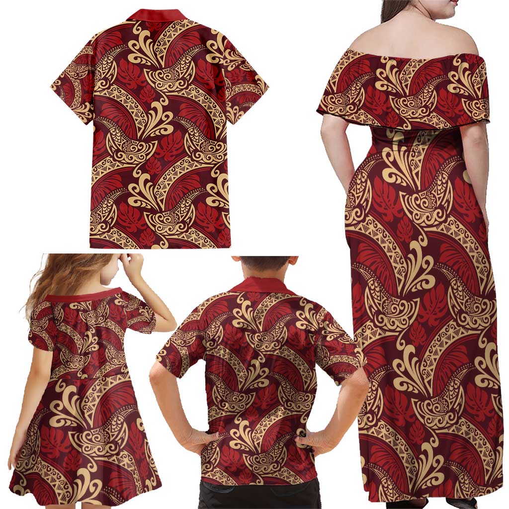 Luxury Red Monstera Family Matching Off Shoulder Maxi Dress and Hawaiian Shirt Polynesian Tribal Pattern - Polynesian Pride