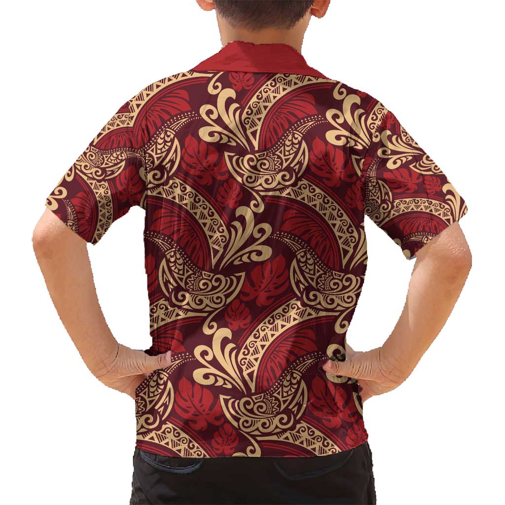 Luxury Red Monstera Family Matching Off Shoulder Short Dress and Hawaiian Shirt Polynesian Tribal Pattern - Polynesian Pride