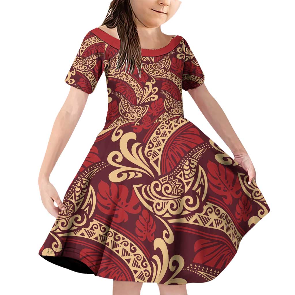 Luxury Red Monstera Family Matching Off Shoulder Short Dress and Hawaiian Shirt Polynesian Tribal Pattern - Polynesian Pride