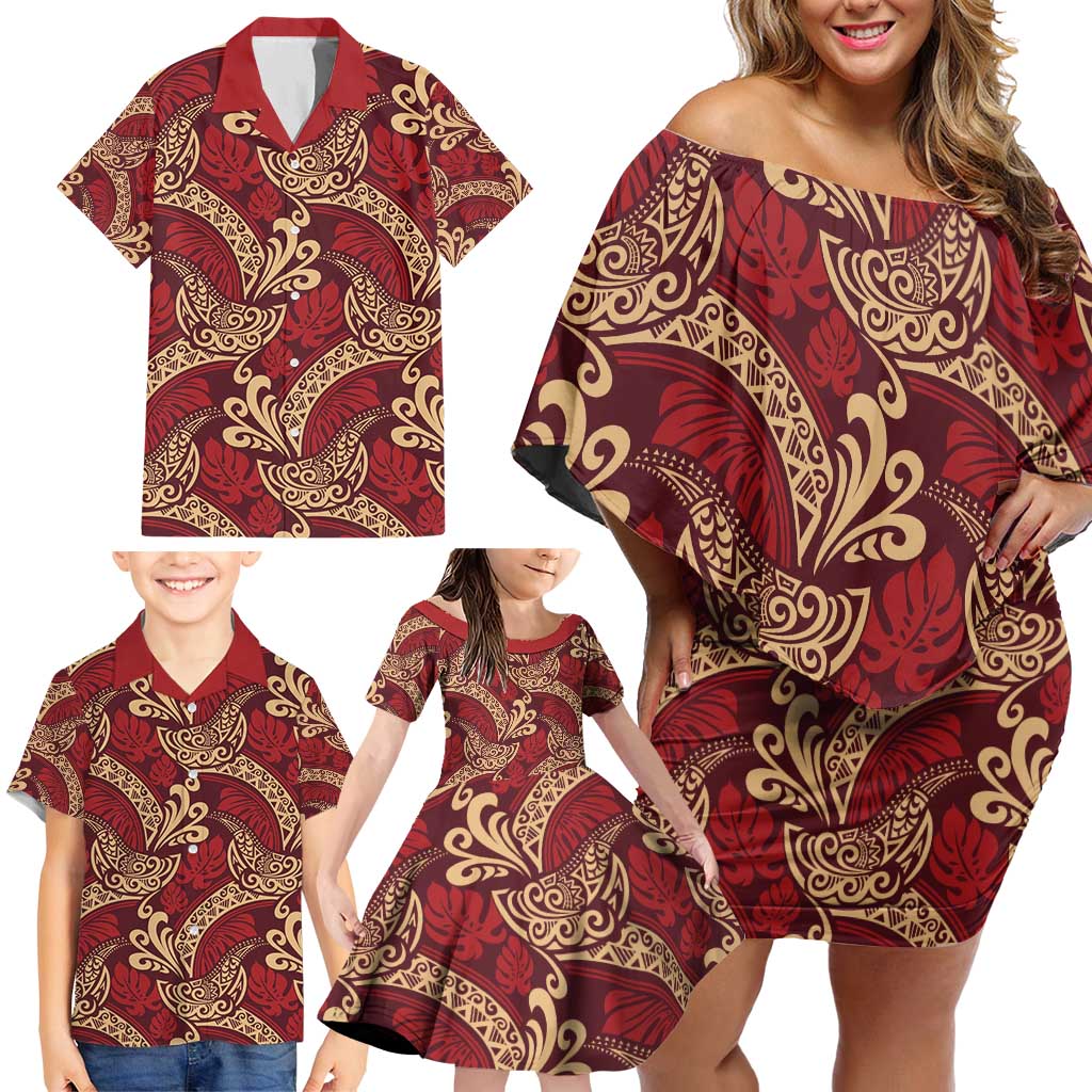 Luxury Red Monstera Family Matching Off Shoulder Short Dress and Hawaiian Shirt Polynesian Tribal Pattern LT01 - Polynesian Pride