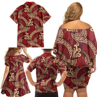 Luxury Red Monstera Family Matching Off Shoulder Short Dress and Hawaiian Shirt Polynesian Tribal Pattern - Polynesian Pride