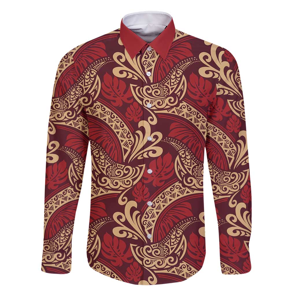 Luxury Red Monstera Family Matching Off Shoulder Short Dress and Hawaiian Shirt Polynesian Tribal Pattern - Polynesian Pride