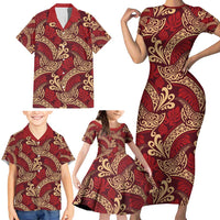 Luxury Red Monstera Family Matching Short Sleeve Bodycon Dress and Hawaiian Shirt Polynesian Tribal Pattern - Polynesian Pride